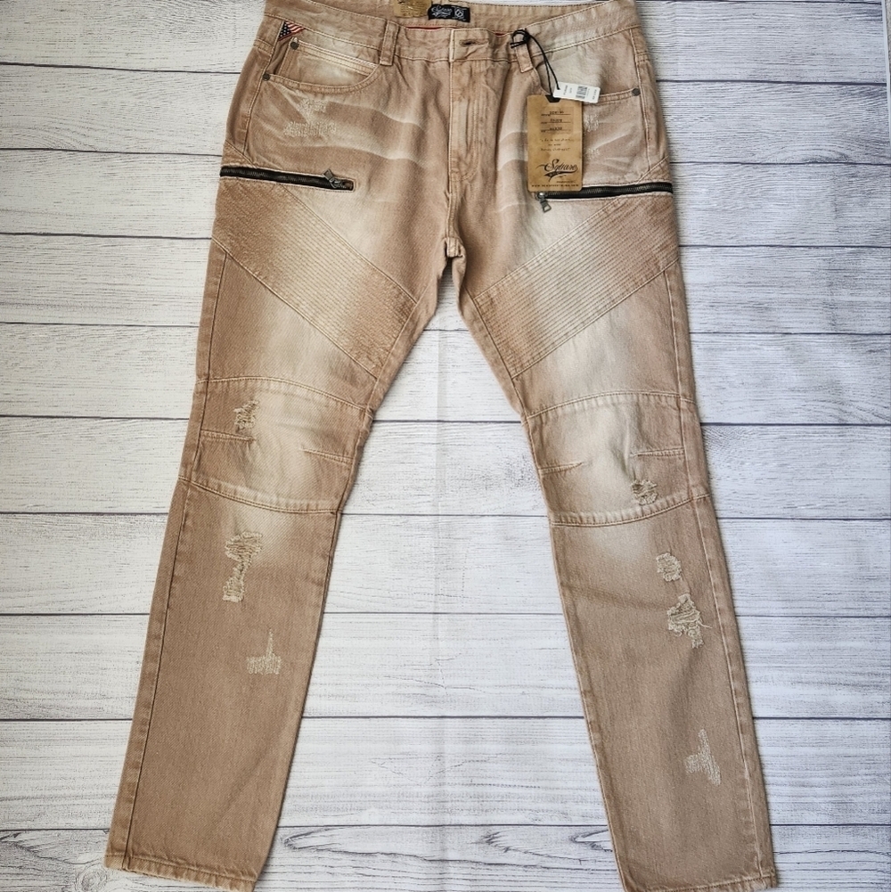 Men's Biker Slim Distressed Jeans (Tan/Taupe Wash)